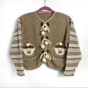 Vintage René Derhy Lambswool Embroidered Teddy Bear Cardigan Size Small